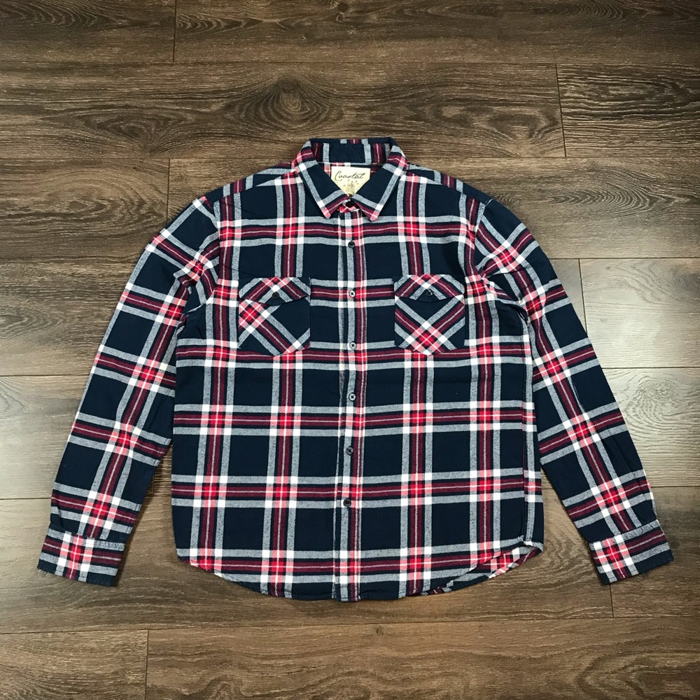 Coastal Women’s Double Front Pockets Red White Blue Flannel Plaid Shirt Size XL